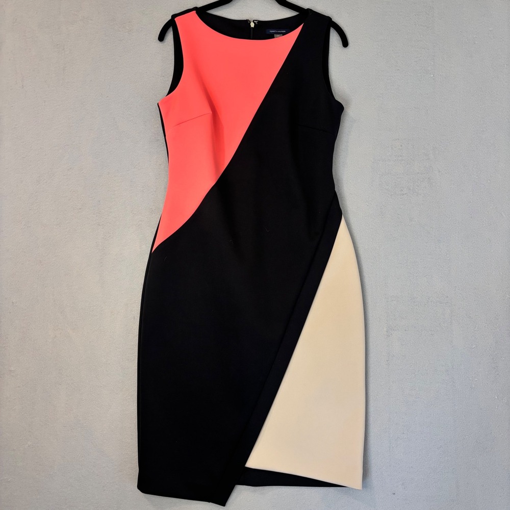 Tommy Hilfiger Womens Colorblock Work Dress Black Pink Tan Size 4 Scuba Stretch